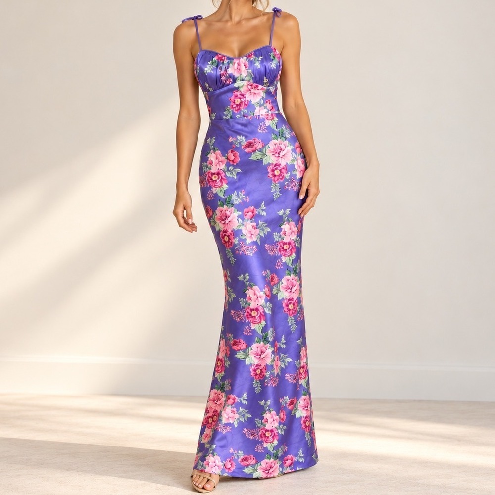 Pear Culture S Purple Floral Satin Maxi Dress Sweetheart Y2K Romantic Formal